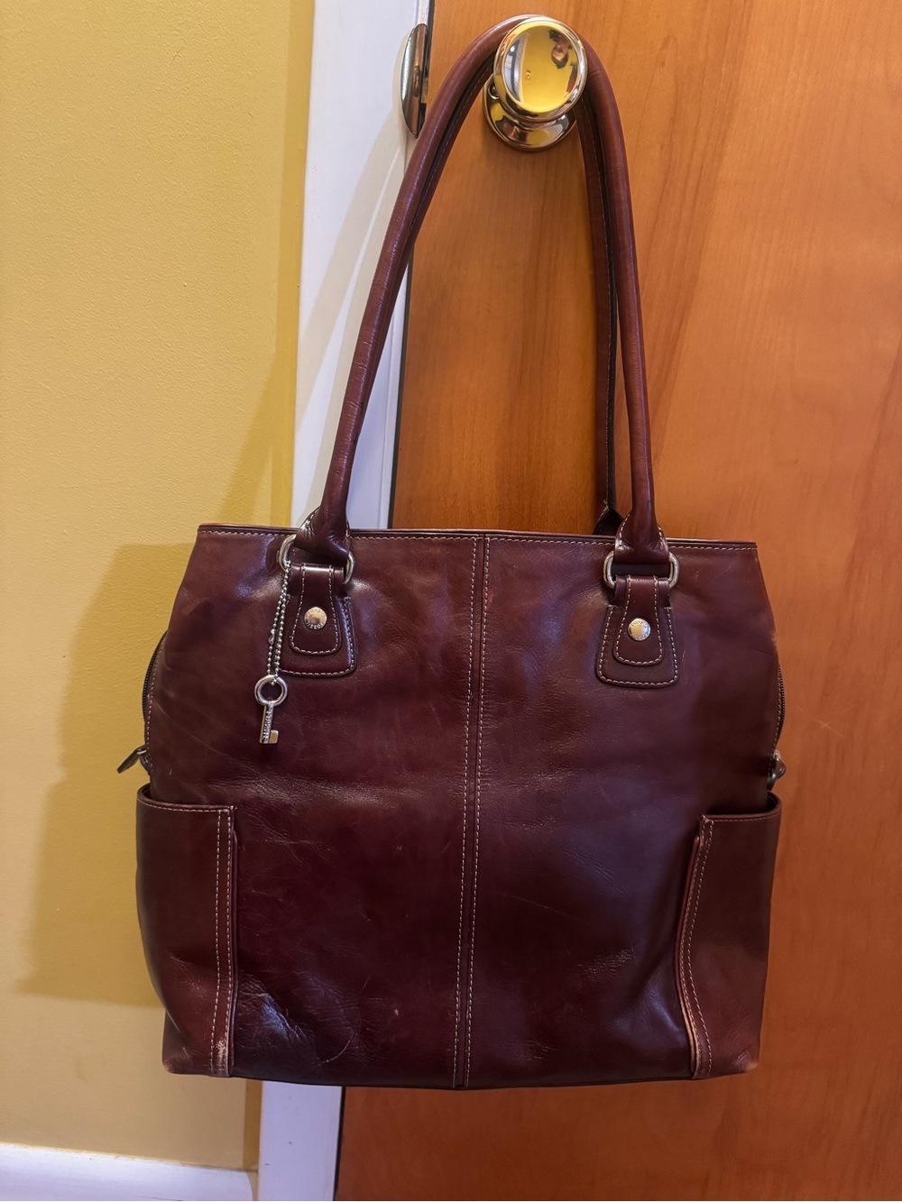 Y2K vintage genuine Classic Leather Fossil Tote Bag in Deep Brown
